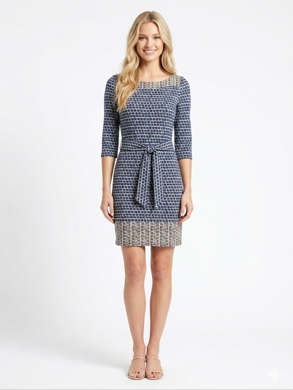 Leota Womens Navy Patterned Tie-Waist Mini Dress - Size S